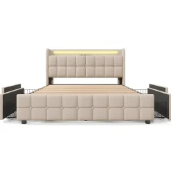 Lit 180x200cm avec tiroirs, Lit double capitonné avec rangement, éclairage LED, 2 chargeurs USB, Beige