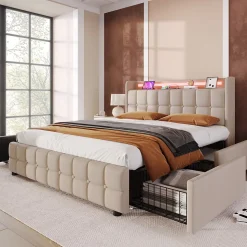 Lit 180x200cm avec tiroirs, Lit double capitonné avec rangement, éclairage LED, 2 chargeurs USB, Beige