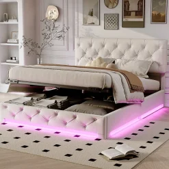 Lit 160x200cm, Espace de Rangement, Sommier à Lattes, Eéclairage LED et tête de lit relevable, Lin, Beige