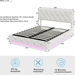 Lit 160x200cm, Espace de Rangement, Sommier à Lattes, Eéclairage LED et tête de lit relevable, Lin, Beige