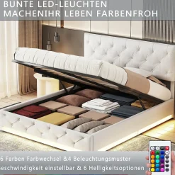 Lit 160x200cm, Espace de Rangement, Sommier à Lattes, Eéclairage LED et tête de lit relevable, Lin, Beige