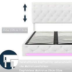 Lit 160x200cm, Espace de Rangement, Sommier à Lattes, Eéclairage LED et tête de lit relevable, Lin, Beige