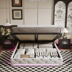 Lit 160x200cm, Espace de Rangement, Sommier à Lattes, Eéclairage LED et tête de lit relevable, Lin, Beige