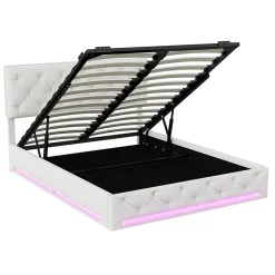 Lit 160x200cm, Espace de Rangement, Sommier à Lattes, Eéclairage LED et tête de lit relevable, Lin, Beige