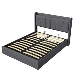 lit 160x200cm Hauteur 30cm Cadre de lit tapissé avec tête de lit Sommier à Lattes en Bois Gris foncé