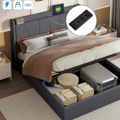 lit 160x200cm Hauteur 30cm Cadre de lit tapissé avec tête de lit Sommier à Lattes en Bois Gris foncé