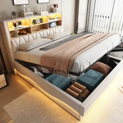 Lit 180x200cm, LED app, USB, rangement hydraulique, sommier lattes, lin beige