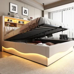 Lit 180x200cm, LED app, USB, rangement hydraulique, sommier lattes, lin beige