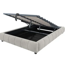 Lit 140x200cm, LED, rangement hydraulique, cadre suspendu, beige