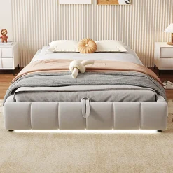 Lit 140x200cm, LED, rangement hydraulique, cadre suspendu, beige