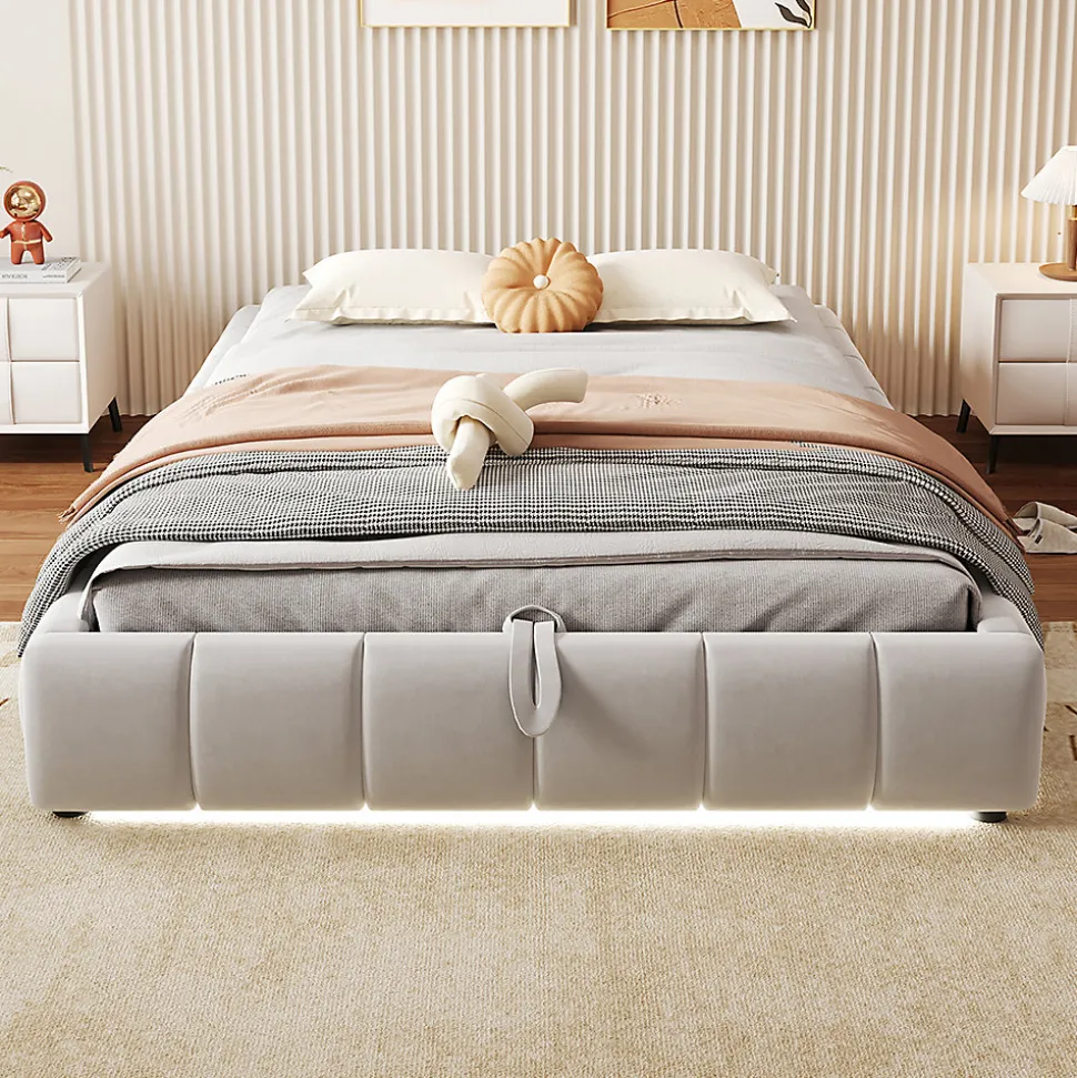 Lit 140x200cm, LED, rangement hydraulique, cadre suspendu, beige