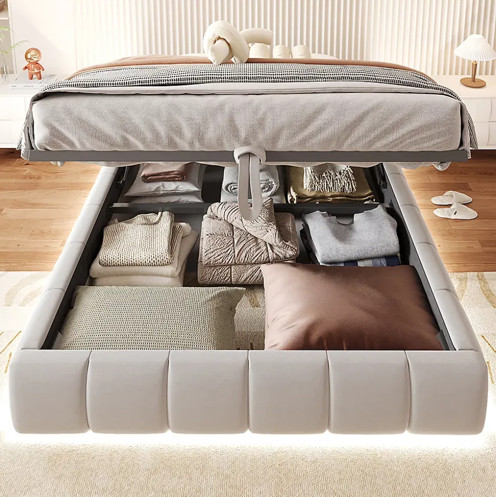 Lit 140x200cm, LED, rangement hydraulique, cadre suspendu, beige