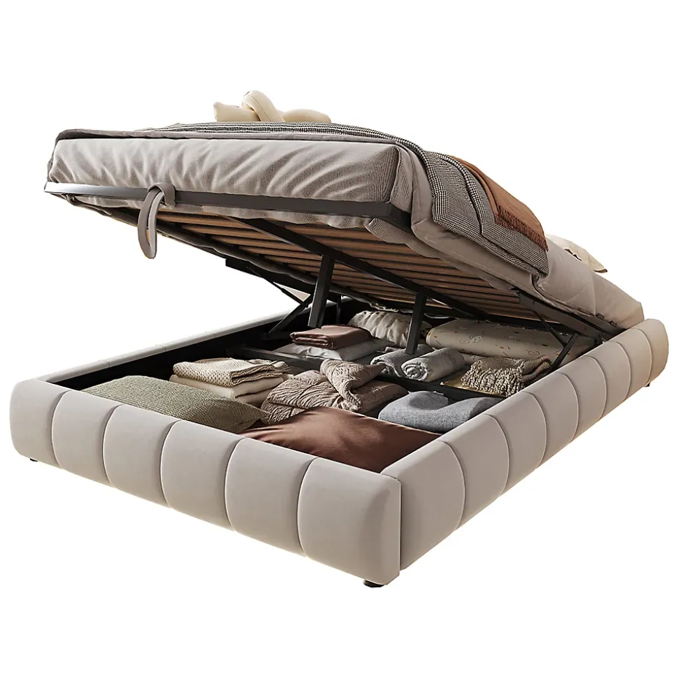 Lit 140x200cm, LED, rangement hydraulique, cadre suspendu, beige