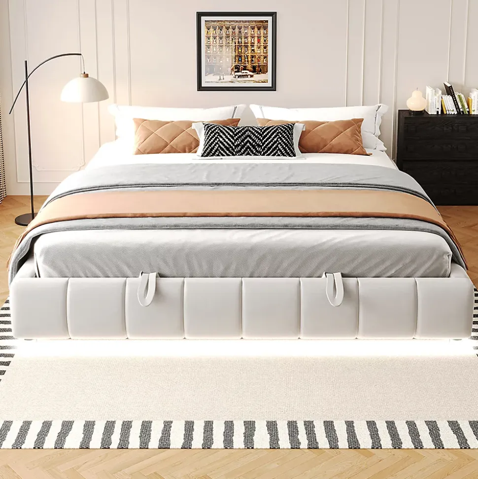 Lit 180x200cm, LED, rangement hydraulique, cadre flottant, beige