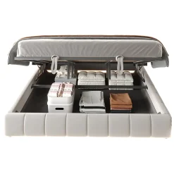 Lit 180x200cm, LED, rangement hydraulique, cadre flottant, beige