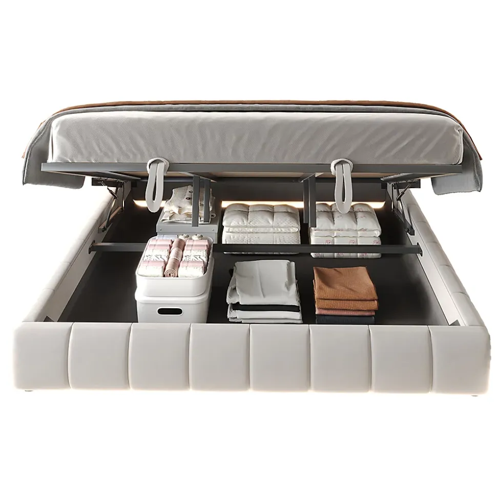 Lit 180x200cm, LED, rangement hydraulique, cadre flottant, beige