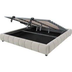 Lit 180x200cm, LED, rangement hydraulique, cadre flottant, beige