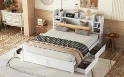 Lit 180x200cm, tête de lit partiellement inclinable, 4 tiroirs, Blanc