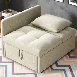 Lit 177x68x65 cm convertible 3-en-1 en tissu lin beige, dossier 5 positions, idéal pour petits espaces