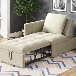 Lit 177x68x65 cm convertible 3-en-1 en tissu lin beige, dossier 5 positions, idéal pour petits espaces