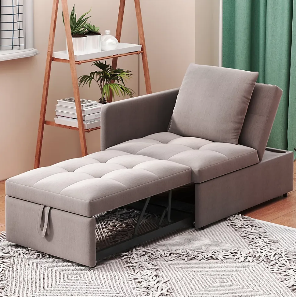 Lit 177x68x65 cm convertible 3-en-1 en tissu lin gris, dossier 5 positions, compact et fonctionnel