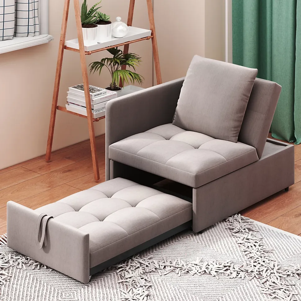 Lit 177x68x65 cm convertible 3-en-1 en tissu lin gris, dossier 5 positions, compact et fonctionnel