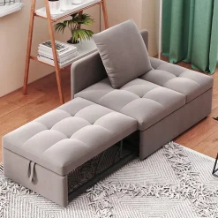 Lit 177x68x65 cm convertible 3-en-1 en tissu lin gris, dossier 5 positions, compact et fonctionnel