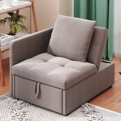 Lit 177x68x65 cm convertible 3-en-1 en tissu lin gris, dossier 5 positions, compact et fonctionnel