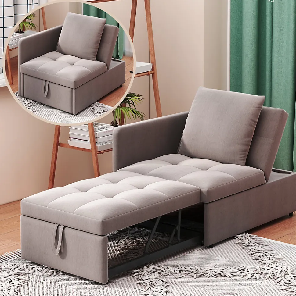 Lit 177x68x65 cm convertible 3-en-1 en tissu lin gris, dossier 5 positions, compact et fonctionnel