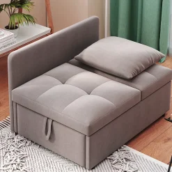 Lit 177x68x65 cm convertible 3-en-1 en tissu lin gris, dossier 5 positions, compact et fonctionnel