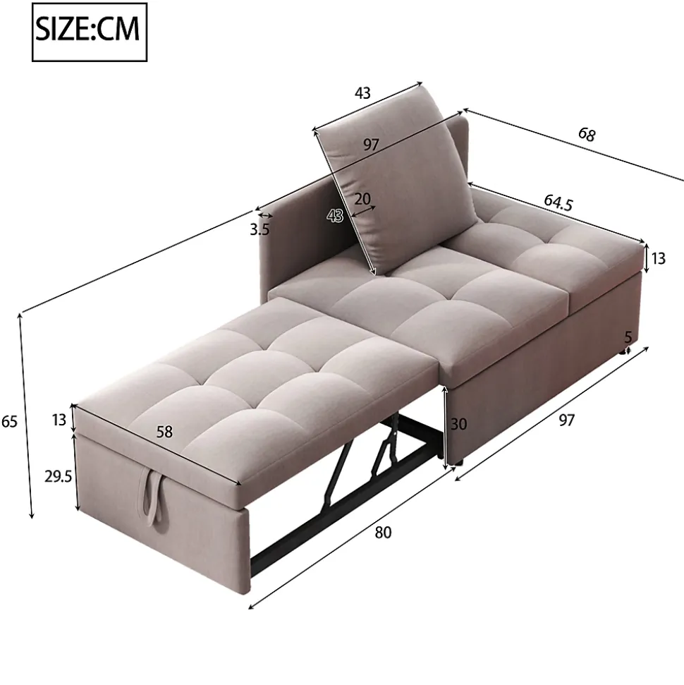 Lit 177x68x65 cm convertible 3-en-1 en tissu lin gris, dossier 5 positions, compact et fonctionnel