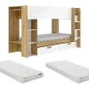 Lits superposés 2 x 90 x 200 cm avec rangements et penderie - Blanc et naturel + Matelas - OSANA