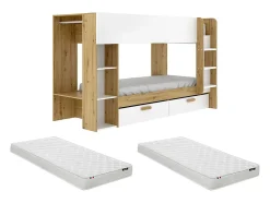 Lits superposés 2 x 90 x 200 cm avec rangements et penderie - Blanc et naturel + Matelas - OSANA