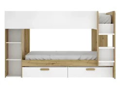 Lits superposés 2 x 90 x 200 cm avec rangements et penderie - Blanc et naturel + Matelas - OSANA