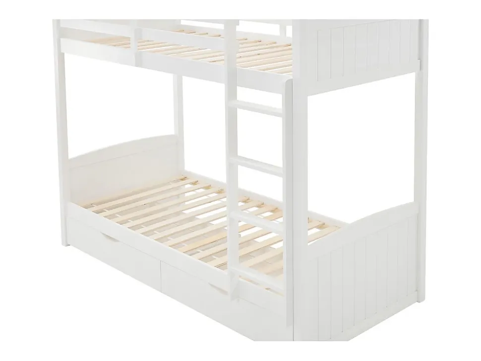 Lits superposés 2 x 90 x 200 cm - 2 tiroirs - Pin et MDF - Blanc + Matelas - LIMODARA