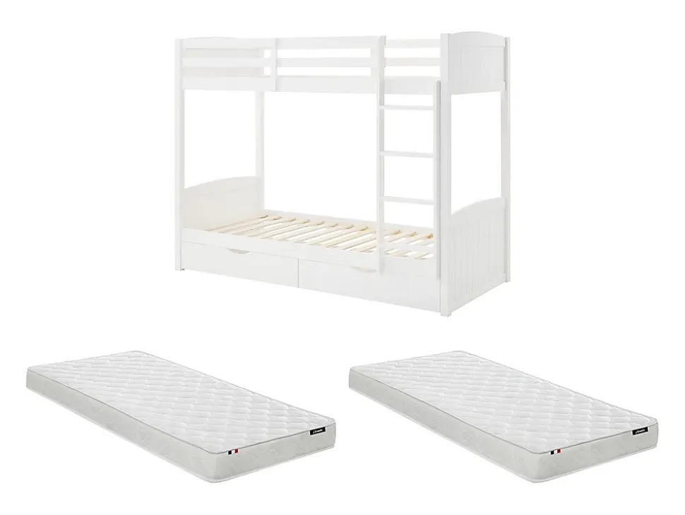 Lits superposés 2 x 90 x 200 cm - 2 tiroirs - Pin et MDF - Blanc + Matelas - LIMODARA