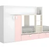 Lits Superposés 2 x 90 x 190 cm - Armoire intégrée - Blanc, naturel et rose - JUANITO