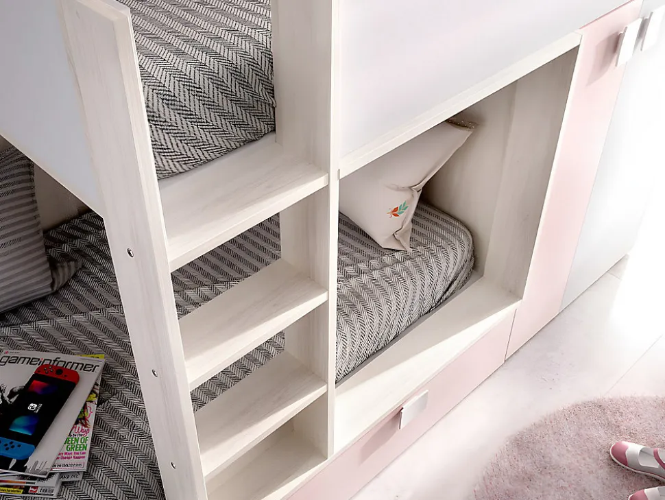 Lits Superposés 2 x 90 x 190 cm - Armoire intégrée - Blanc, naturel et rose - JUANITO