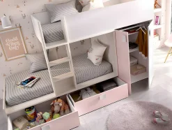 Lits Superposés 2 x 90 x 190 cm - Armoire intégrée - Blanc, naturel et rose - JUANITO