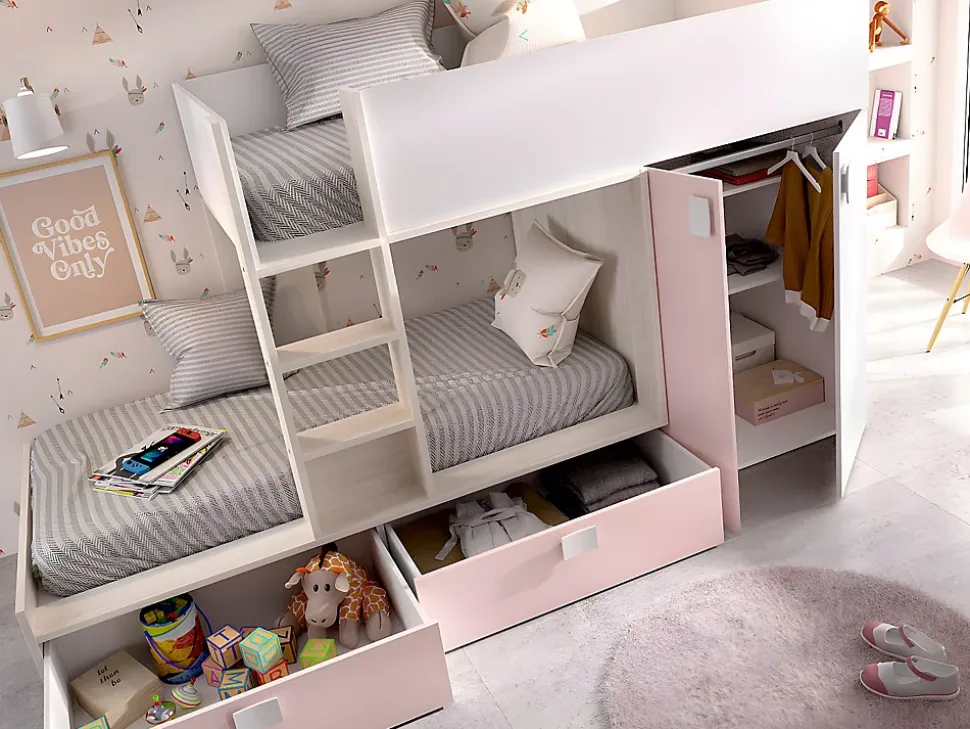 Lits Superposés 2 x 90 x 190 cm - Armoire intégrée - Blanc, naturel et rose - JUANITO