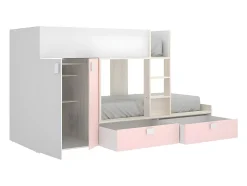 Lits Superposés 2 x 90 x 190 cm - Armoire intégrée - Blanc, naturel et rose - JUANITO