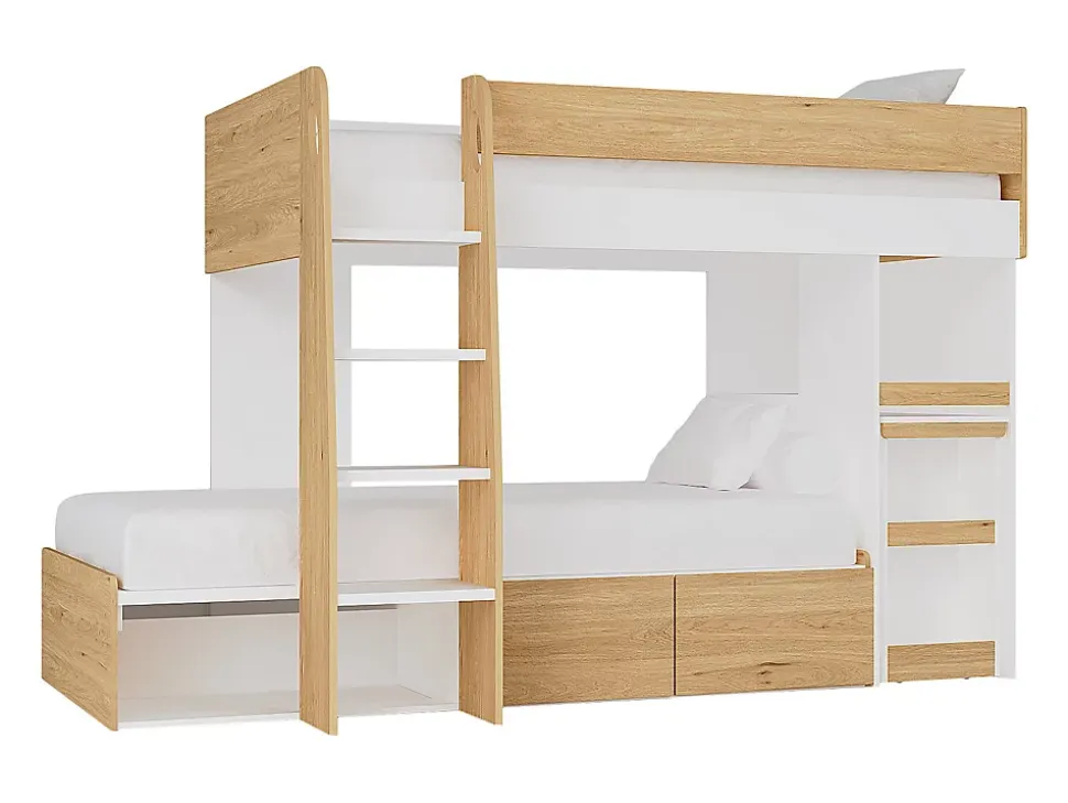 Lits superposés 2 x 90 x 190 cm avec bureau et rangements - Coloris : Naturel et blanc - LOMIDEN