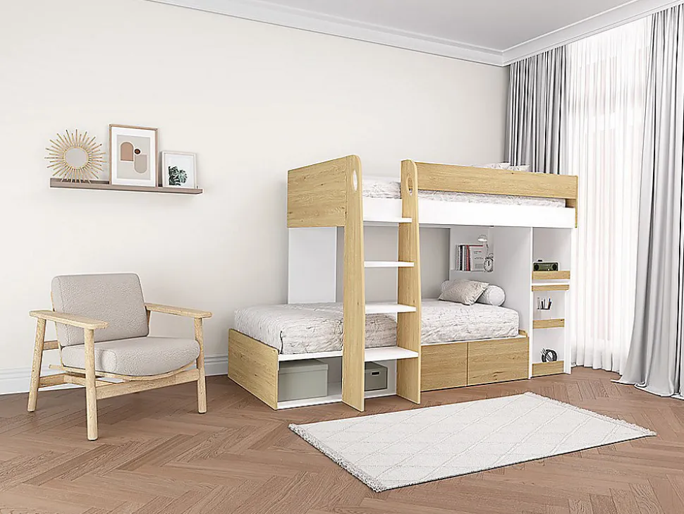 Lits superposés 2 x 90 x 190 cm avec bureau et rangements - Coloris : Naturel et blanc - LOMIDEN