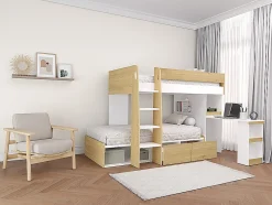 Lits superposés 2 x 90 x 190 cm avec bureau et rangements - Coloris : Naturel et blanc - LOMIDEN