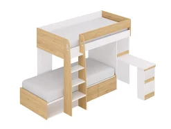 Lits superposés 2 x 90 x 190 cm avec bureau et rangements - Coloris : Naturel et blanc - LOMIDEN