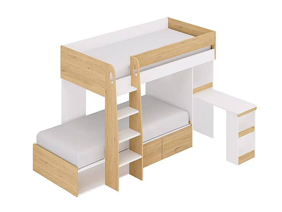 Lits superposés 2 x 90 x 190 cm avec bureau et rangements - Coloris : Naturel et blanc - LOMIDEN