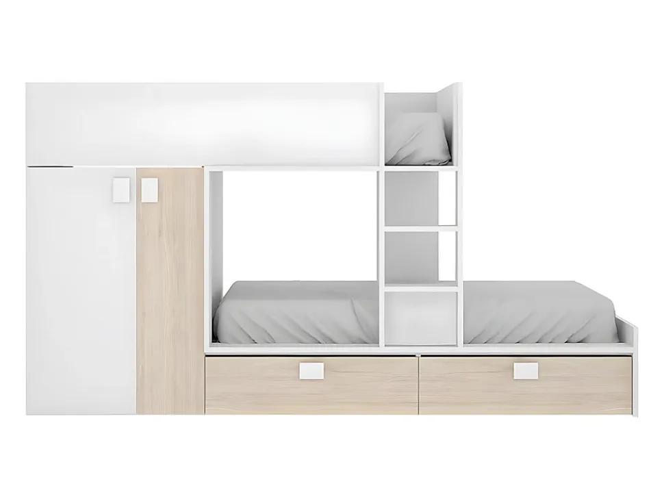 Lits Superposés 2 x 90 x 190 cm - Armoire intégrée - Blanc et naturel - JUANITO
