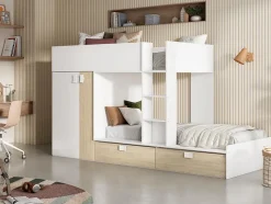 Lits Superposés 2 x 90 x 190 cm - Armoire intégrée - Blanc et naturel - JUANITO