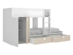 Lits Superposés 2 x 90 x 190 cm - Armoire intégrée - Blanc et naturel - JUANITO