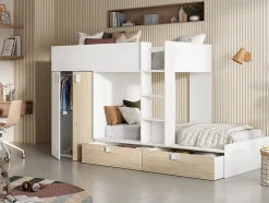 Lits Superposés 2 x 90 x 190 cm - Armoire intégrée - Blanc et naturel - JUANITO